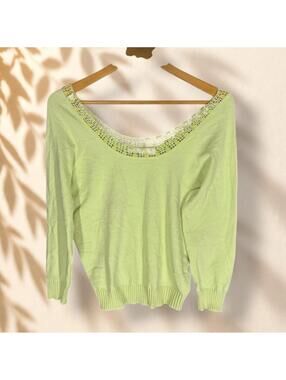 The Limited Sweater Pullover Women L Large Green Knit Long Sleeve Rhinestone